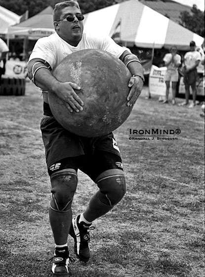 Chad Coy on the "infamous . . . Ohana Hotels Medley Race" at Odd Haugen’s 2000 Beauty and the Beast Strongman competition, a top drawer strongman contest that also featured the inaugural Rolling Thunder® World Championships (with a field that included three World’s Strongest Man winners, plus another one watching).  IronMind® | Randall J. Strossen photo.
