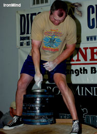 Chad Woodall set a world record in the vertical bar lift (382.5 pounds) on his way to winning the men's large-hand class at the 2006 Global Grip Challenge, in what was a best-of-show contest at the Sorinex facility. IronMind® | Randall J. Strossen, Ph.D. photo.