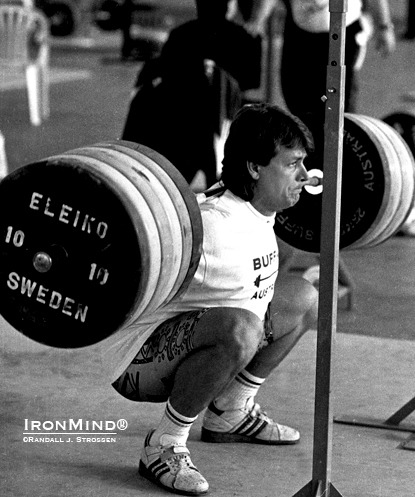 No belt, no wraps, no spotters: 91-kg Ivan Chakarov squats 270 kg for a triple in the training hall at the 1993 World Weightlifting Championships.  IronMind® | Randall J. Strossen photo.