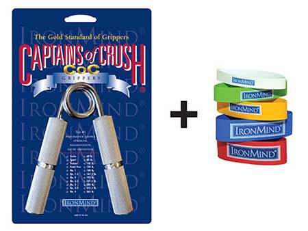 Pair a Captains of Crush (CoC) Gripper with a set of Expand-Your-Hand Bands and you’ve got the basics for building strong and healthy hands.  Image ©IronMind Enterprises, Inc.