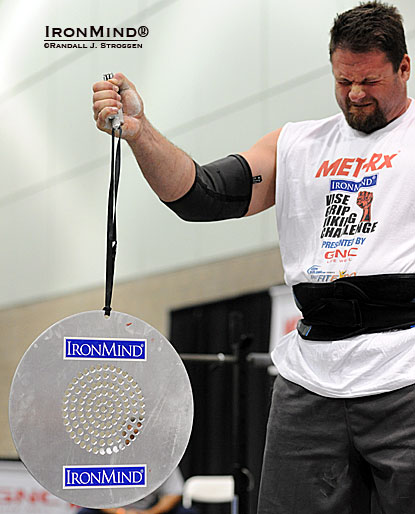Mike Burke had quite a weekend at the 2012 LA FitExpo: first he won the strongman contest and then he grabbed second place at the grip competition, where the IronMind CoC Silver Bullet Challenge made its debut.  IronMind® | Randall J. Strossen photo.