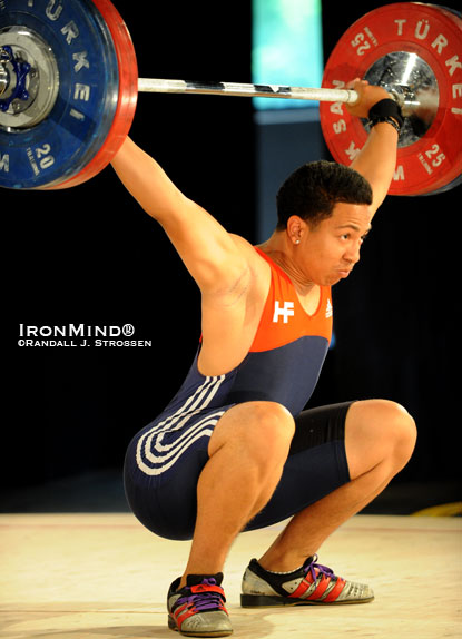 85-kg D’Angelo Osorio, yet another talented young weightlifter from Northern California, served notice by snatching 120 kg at the Tommy Kono V weightlifting competition at Sacramento High last Saturday.  Sac High’s Mel Lawson Theater had been revitalized for the meet, to better showcase the sport.  IronMind® | Randall J. Strossen photo.