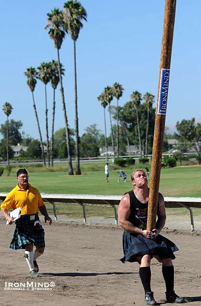 The IronMind caber debuted this weekend at the Caledonian Club of San Francisco’s 145th Scottish Highland Gathering and Games.  On Sunday, Dan McKim, who had just won the overall title, added the 2010 IHGF World Caber Championships as well, turning the big stick specially made for the occasion by the California Caber Company’s Frank Lux and Kit Sonneson.  IronMind® | Randall J. Strossen photo.