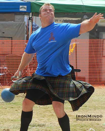 Dan McKim hit a personal best 46’ 6” throw in the 56-lb. weight for distance, on his way to an overall victory at the 2013 Costa Mesa Highland Games.  IronMind® | Photo by Francis Brebner.