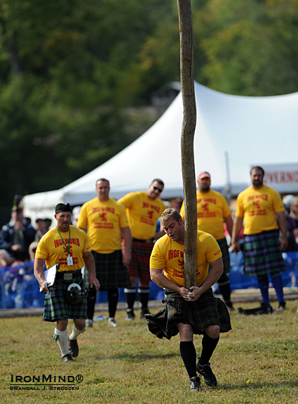 The caber, a local oak selected and cut by Bill “Doc Rock” Crawford, was tough—long, heavy and with a twist—but Dan McKim turned it for a 12 o’clock on his way to winning the 2011 IHGF Highland Games World Championships at Loon Mountain over the weekend.  IronMind | Randall J. Strossen photo.