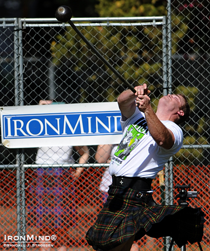 Dan McKim set a new team world championships record in the 16-lb. hammer today in Pleasanton, California, with a distance of  142‘ 8-1/2”.  IronMind® | Randall J. Strossen photo.