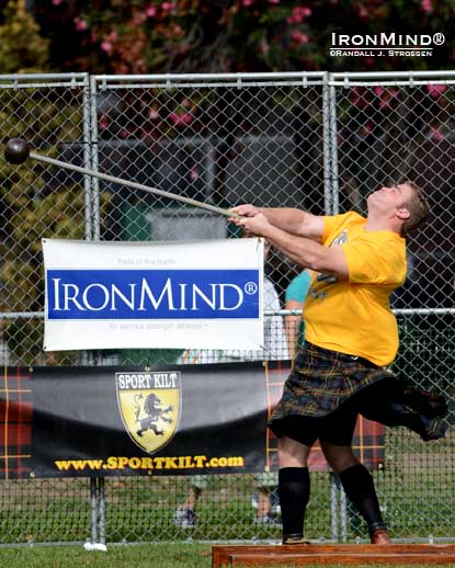 Tell it goodbye: Dan McKim won both hammers, but it was his consistency across events that nailed his individual victory in Pleasanton, California at one of the world’s largest and most prestigious Highland Games competitions.  IronMind® | Randall J. Strossen photo.