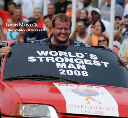 Dave Ostlund was in the driver’s seat at the 2008 World’s Strongest Man contest, where he finished in third place - his first visit to the WSM podium.  IronMind® | Randall J. Strossen photo.