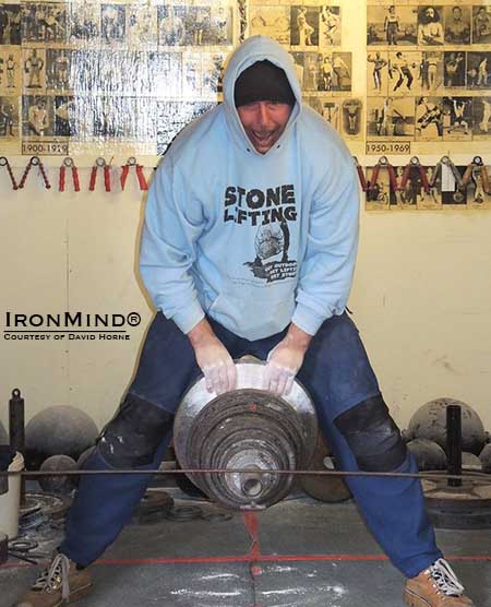 David Horne broke the world record on the adjustable two hands pinch grip device he developed and that has become a staple in the many grip strength contest he organizes and promotes.  IronMind® | Photo courtesy of David Horne.