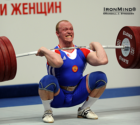 Andrey Demanov made this 219-kg clean and jerk on his second attempt and then had to take 220 kg on his third attempt in a successful bid for the 94-kg gold medal in the total at the European Weightlifting Championships.  IronMind® | Randall J. Strossen photo. 