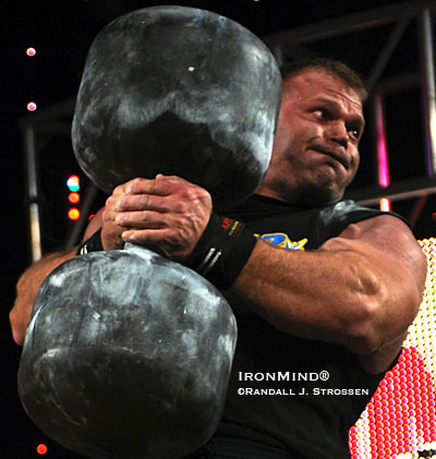 Derek Poundstone’s strongman career has been characterized by some standout performances, and his string of victories is missing only one big title—the biggest one in the field.  Poundstone is looking to plug that hole this year, as he comes into the 2010 MET-Rx World’s Strongest Man strong, confident and on a roll.  IronMind® | Randall J. Strossen photo.