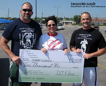To date, NAHA contributions to Camp CoHoLo exceed $10,000.  Left to right: Richard Vincent (NAHA vice president), Berta Ackerson(Camp CoHoLo representative) and D.J. Satterfield (NAHA president).  IronMind® | Photo courtesy of D.J. Satterfield.