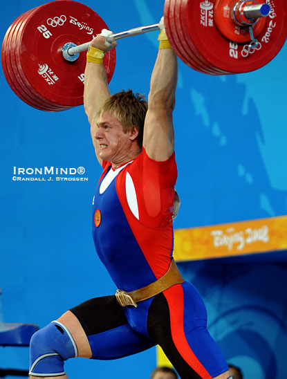 On his way to the silver medal at the 2008 Olympics, Dmitry Lapikov jerked 230 kg as a 105-kg weightlifter.  IronMind® | Randall J. Strossen photo.
