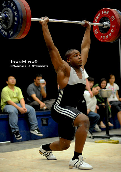 At the 2009 Pacific Weightlifting Association (PWA) Championships in February, Donovan Ford hit this 175-kg clean and jerk, part of his clean sweep of the Junior Men’s PWA records.  IronMind® | Randall J. Strossen photo.