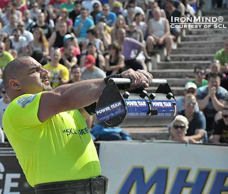 Ervin Katona in the zone at the MHP Strongman Champions League competition in Czech last weekend, where he broke the world record in the Forward Hold.  IronMind® | Photo courtesy of SCL.  IronMind® | Photo courtesy of SCL.
