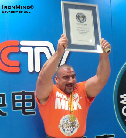 Ervin Katona set a new Guinness world record in the yoke race in China.  IronMind® | Courtesy of SCL.