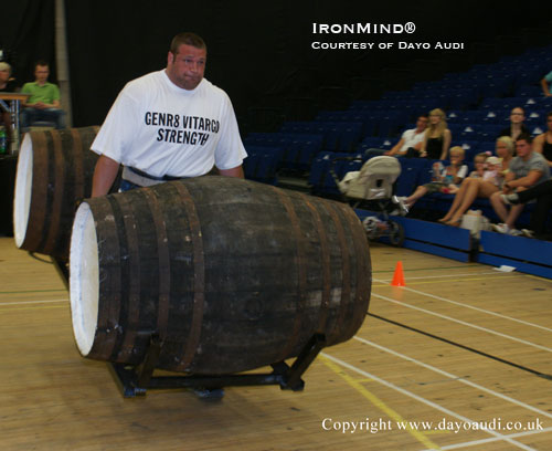 Terry Hollands, who won the 2009 England’s Strongest Man contest, on the 320-kg Whiskey Barrel Carry.  IronMind® | Photo courtesy of Dayo Audi.