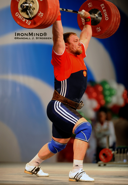 Evgeny Chigishev sticks 235 kg on his opening clean and jerk—all he needed for the 2010 European Weightlifting Championships super heavyweight title.  IronMind® | Randall J. Strossen photo.