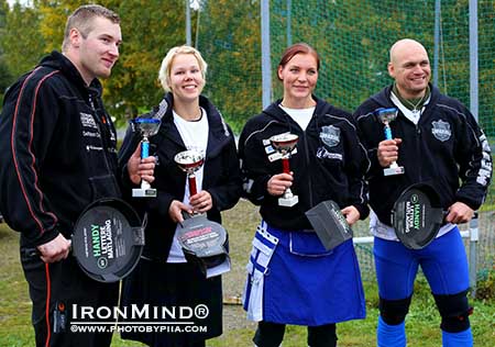 Here are the member’s of the winning men’s team and the winning women’s team at the Finnish Highland Games Team Championships: (left to right) Niko Vesterinen, Anu Rytkönen, Niina Jumppanen and Janne Hartikainen.  IronMind® | ©www.photobypiia.com
