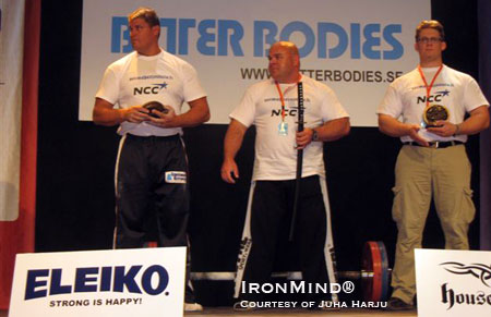 Juha Harju (center) had the winning grip in Finland over the weekend.  Janne Virtanen (left) and Timo Tuukkanen (right) are relatively new to grip strength contests, but are having fun and making their presence felt.  IronMind® | Photo courtesy of Juha Harju.
