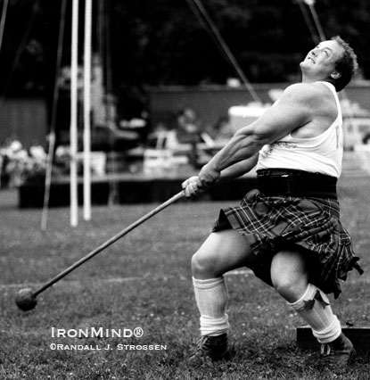 Francis Brebner on the light hammer at the 1997 Highland Games World Championships (Fredericksberg, Virginia).  IronMind® | Randall J. Strossen photo.