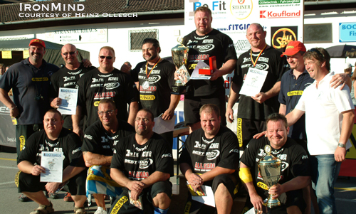 Here’s the medal/prize ceremony group photo for the 2010 German Strongman Nationals.  Heinz Ollesch, himself a 12-time winner of Germany’s Strongest Man, heads up the Strongman Project, which produces top national and international strongman competitions in Germany.  IronMind® | Photo courtesy of Heinz Ollesch.