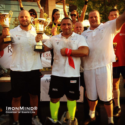 Because we are talking Giants Live, this isn’t just the podium of a major strongman contest: landing a top-three place means you’ve earned an invitation to the World’s Strongest Man contest.   (Left to right) Congratulations to Josh Thigpen, Akos Nagy and Jack MacIntosh.  IronMind® | Courtesy of Giants Live.