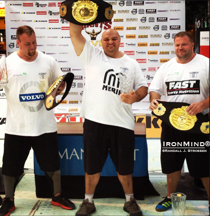Here’s the podium for Giants Live–Finland (left to right): Johannes Årsjö, Laurence Shahlaei and Lauri Nami.  By virtue of their top three finish, Årsjö, Shahlaei and Nami are guaranteed invitations to the 2012 World’s Strongest Man contest.  Check out the championship belts.  IronMind® | Photo courtesy of Giants Live.
