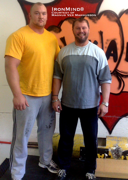 Hafþór Júlíus Björnsson (left), standing 2.05 meters (nearly 6’ 9”) tall, and weighing 170 kg, nearly dwarfs four-time World’s Strongest Man winner Magnus Ver Magnusson (right).  IronMind® | Photo courtesy of Magnus Ver Magnusson.