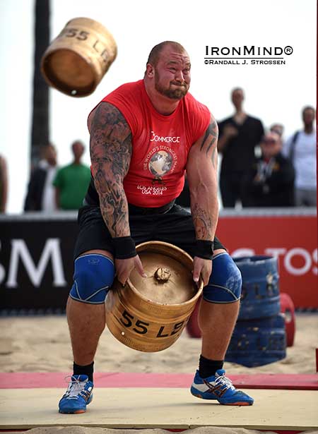 The fast firing human missile launcher Hafthor Julius Bjornsson triggered the next keg before the last one had landed in what was a world record performance at at the World’s Strongest Man contest yesterday.  IronMind® | Randall J. Strossen photo