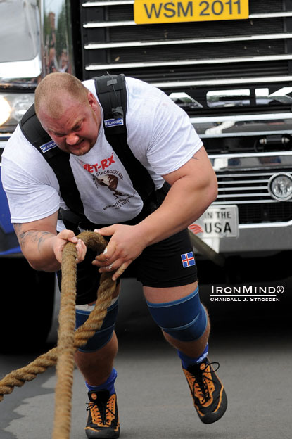 Iceland’s Hafthor Julius Bjornsson motored away from the field and won the Truck Pull at the 2011 World’s Strongest Man.  IronMind | Randall J. Strossen photo.