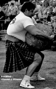 Think he's kidding about the length of his strongman career? Here's a shot of Heinz wrestling with the No. 5 McGlashen Stone at the 1994 European Musclepower Championships (Callander, Scotland). If you want to read the full contest report, get a copy of the October 1994 issue of MILO® (Vol. 2 - No. 3). IronMind® | Randall J. Strossen, Ph.D. photo.