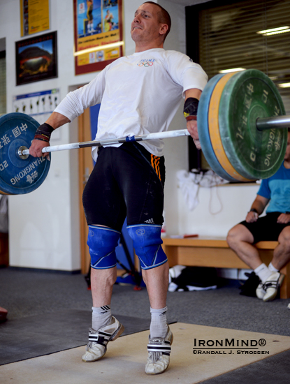 The top French weightlifters have been training alongside the German national team and will be participating today in the German Olympic Weightlifting Trials.  This is Benjamin Henniquin, 85-kg silver medalist in the jerk and in the total at the 2011 World Weightlifting Championships.  IronMind® | Randall J. Strossen photo.