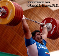 The next time you clean and jerk 260 kg, you are allowed to roar, too. Hossein Rezazadeh sweeps the gold medals in the supers at the Asian Weightlifting Champions today in Dubai. IronMind® | Randall J. Strossen, Ph.D. photo.
