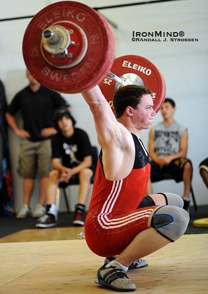 Ian Wilson is expected to produce a performance at the USA Weightlifting School-Age National Championships.  This is Ian’s 141-kg Junior Pacific Weightlifting Association (PWA) record snatch, set in the 105-kg category at the 2010 Northern California Open Weightlifting Championships.  IronMind® | Randall J. Strossen photo.