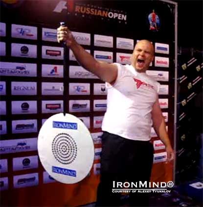 Igor Kupinsky clamped down on the Captains of Crush No. 3 gripper and held the CoC Silver Bullet in place for a whopping 54 seconds, a quick blink longer than old the world record.  IronMind® | Courtesy of Alexey Tyukalov.