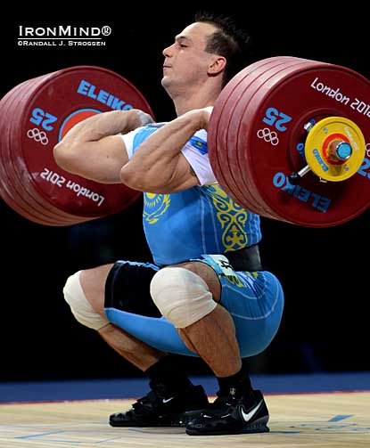 Ilya Ilin (Kazahkstan) cleaned 233 kg  (and then jerked it) as he pounded the field and rewrote the Olympic and world record books on his way to defending his Olympic title in the men’s 94-kg category in weightlifting tonight.  IronMind® | Randall J. Strossen photo.