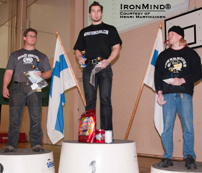 Here’s the men’s podium at IronMind Grip Classic–Volume 1  today: Timo Tuukkanen (left), Johannes Suomela (center), Timo Lauttamus (right).  This contest was organized by Jyrki Rantanen with the goal of featuring classic feats of grip strength in a way that would open the door to more competitors and create an opportunity for breaking Finnish national records.  IronMind® | Courtesy of Henri Martikainen.