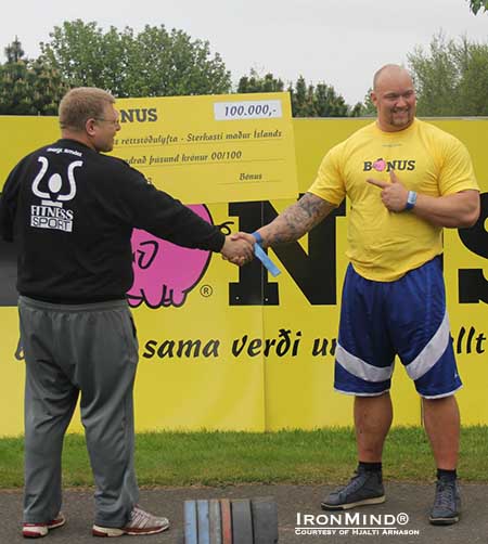 Halti Arnason (left) congratulates Hafthor Julius Bjornsson, winner of the 2013 Iceland’s Strongest Man contest.  IronMind® | Photo courtesy of Hjalti Arnason.