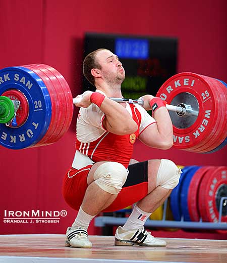 Alexandr Ivanov had missed the jerk on his second attempt (220 kg), but he moved up to 222 kg on his third attempt—in a bid to move into gold medal position at the 2013 World Weightlifting Championships—and he made a good lift.  IronMind® | Randall J. Strossen photo
