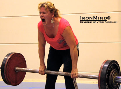 Jaana Tanner gives all out with 110-kg Apollon's Axle record attempt, which she just missed," said Jyrki Rantanen.  IronMind® | Photo courtesy of Jyrki Rantanen.