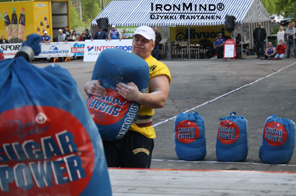 “Finland's Strongest Man 2011, Jarno Jokinen, in sack loading—where he edged out last year’s champion Pedro Karlsson and took the title he was looking for 13 years,” reported Jyrki Rantanen.   IronMind® | Jyrki Rantanen photo.
