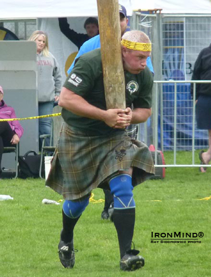 Jason Johnston won the caber, not to mention the overall title, at the 2012 Canadian Highland Games Championships, in Victoria, British Columbia.  IronMind® | Ray Siochowicz photo.