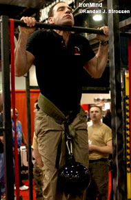 At the 2004 Arnold, Jeff Martone casually knocked off this pull-up with an extra 96 pounds for Randall Strossen, if we are reading the good doctor's notoriously-scribbled notes correctly. Come to the CrossFit San Diego Seminar this Saturday and Sunday, and meet Jeff in person. IronMind® | Randall J. Strossen, Ph.D. photo.