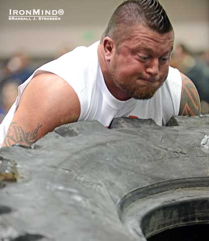 Jerry Pritchett produced a strong performance in the Tire Flip at the LA FitExpo today and kept his momentum through the last event, to win the strongman competition.  IronMind® | Randall J. Strossen photo.