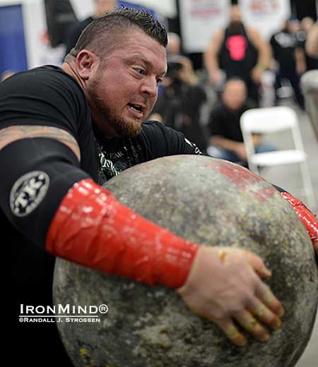 Shown working on the last stone in the last event, Jerry Pritchett finished with two event wins and took the title at the 2014 All American Strongman Challenge champion.  IronMind® | Randall J. Strossen photo