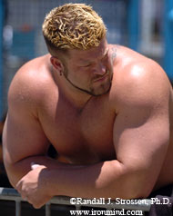 Here's the beef: Jesse Marunde (USA) relaxes before the sparks start flying at the Super Series contest yesterday. Asked what her husband eats to maintain his size, Callie Marunde said, "Three pounds of Grassland beef a day." IronMind® | Randall J. Strossen, Ph.D. photo. Here's the beef: Jesse Marunde (USA) relaxes before the sparks start flying at the Super Series contest yesterday. Asked what her husband eats to maintain his size, Callie Marunde said, "Three pounds of Grassland beef a day." IronMind® | Randall J. Strossen, Ph.D. photo.