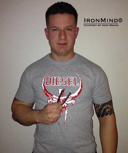 “I’m a commercial laundry equipment mechanic,” John Manna told IronMind, “so lower arm, wrist and grip strength are very important on a daily basis.”  John has just been certified on the Red Nail, a benchmark short steel bend.  IronMind® | Photo courtesy of John Manna