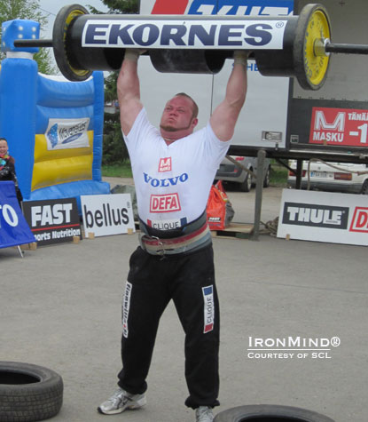 Juha Matti Järvi won the Log Lift for reps at the second competition in the Masku Giants LIve Finnish National Strongman Qualifier series.  IronMind® | Courtesy of SCL.