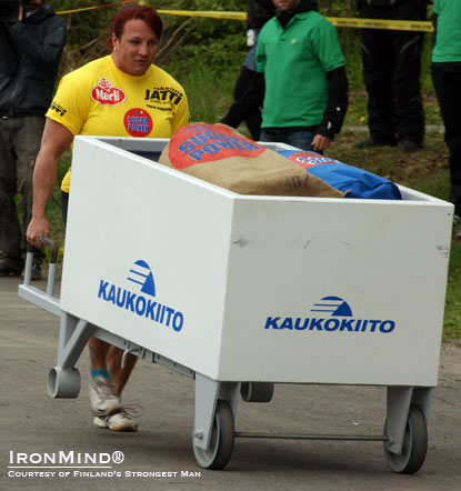 Kati Luoto, winner of Finland's Strongest Woman 2011,  in the Wheelbarrow Race.  IronMind® | Courtesy of Finland’s Strongtest Man.
